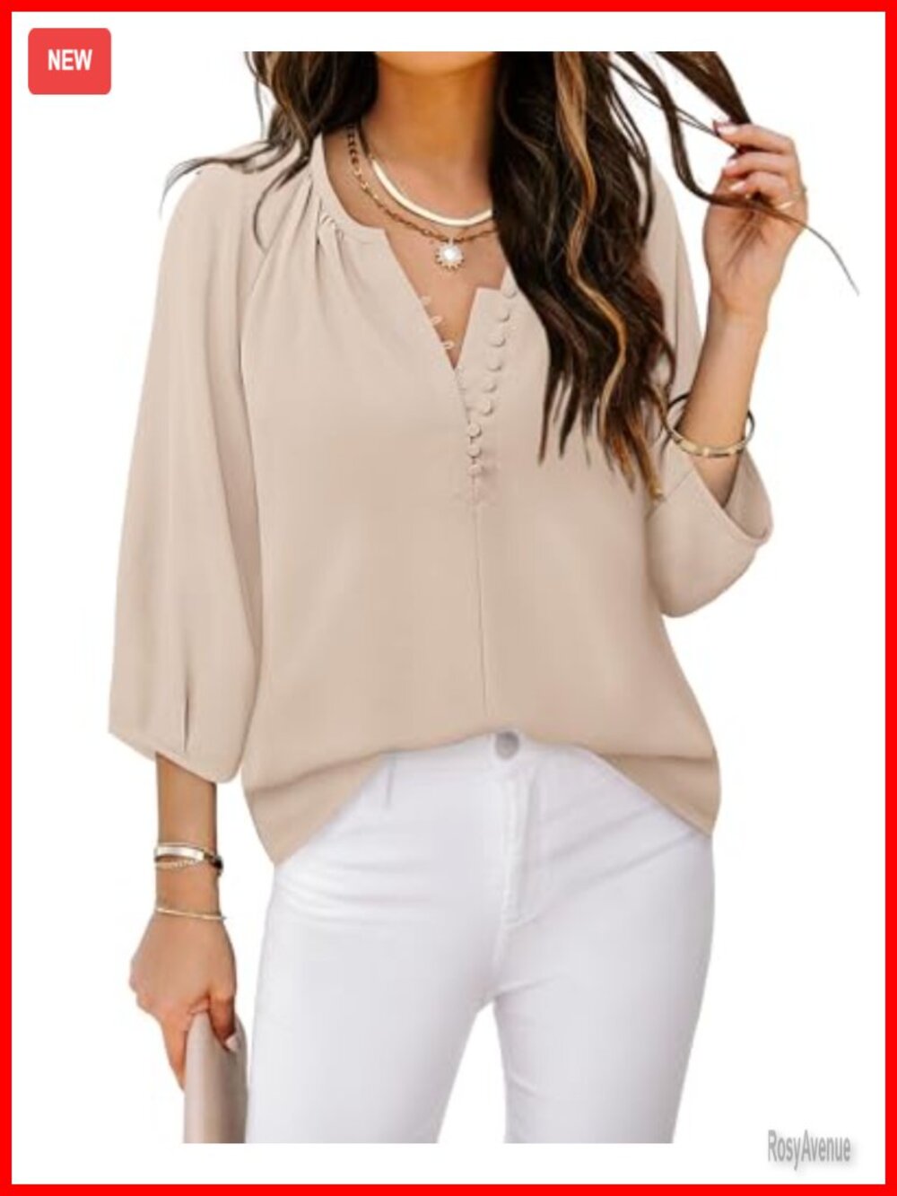 Womens V Neck 3/4 Sleeve Button Down Blouse Loose Fit Boho Peasant Top